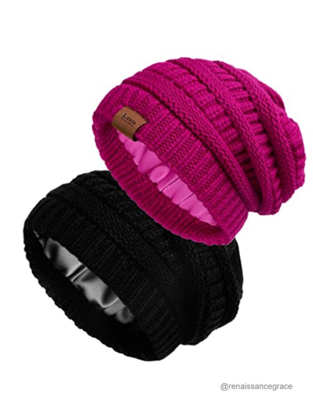 Satin Lined Knit Beanies for Women Winter Warm Stretch Slouch 2 Pack